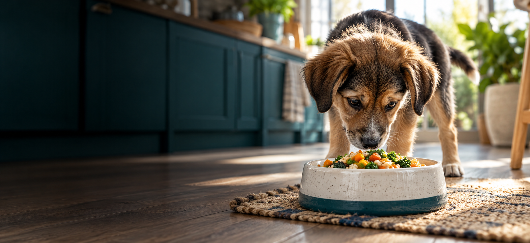 Cachorro junto a su cuenco durante una comida tranquila