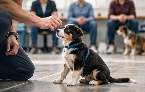 Educador trabajando con un cachorro en una clase en grupo