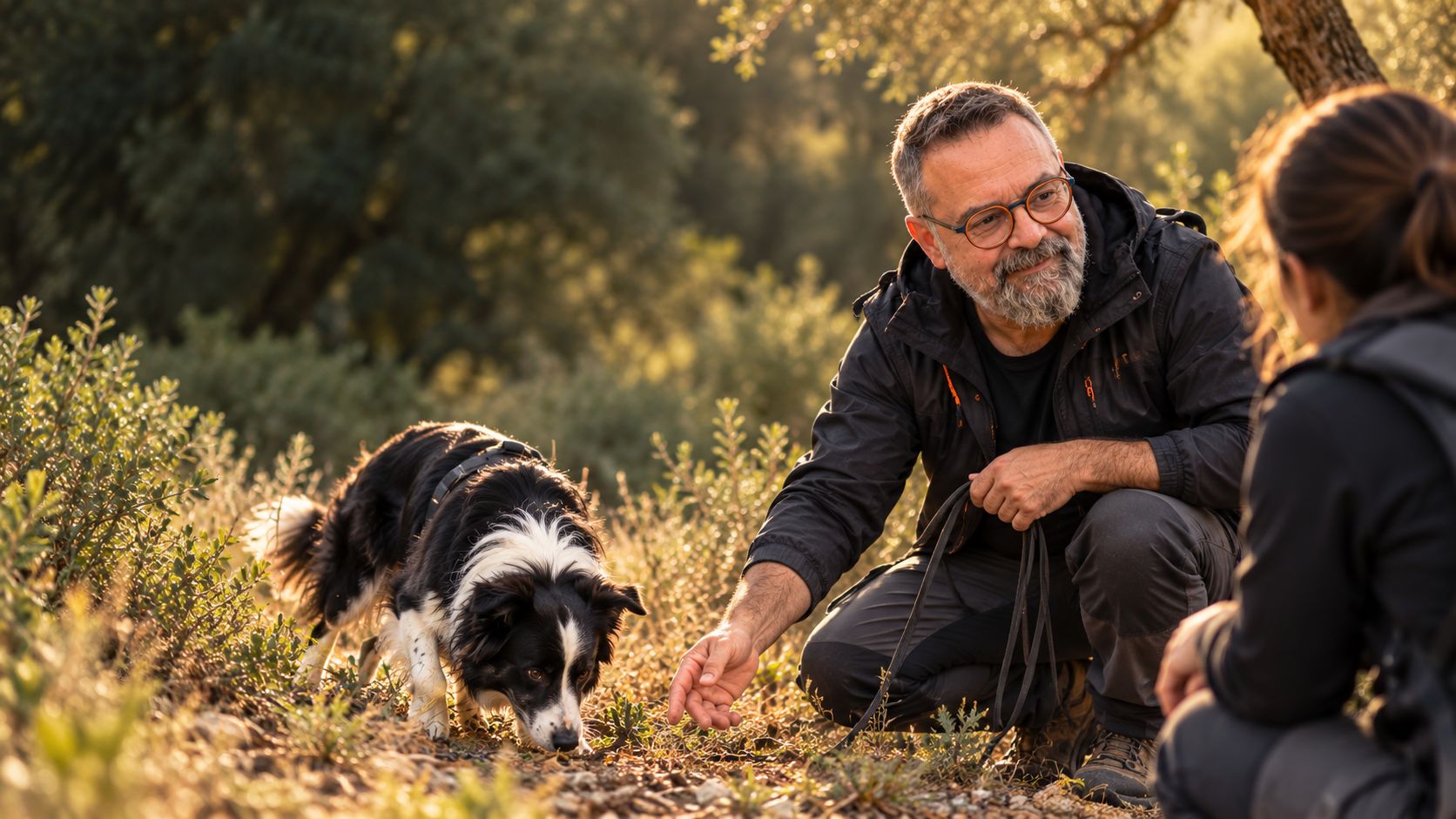 Ernest agachado junto a un border collie que rastrea entre la vegetación, mientras una alumna observa